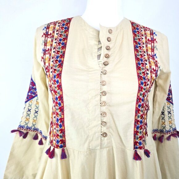 Khaadi Tan Beige Floral Tiered Ruffled Bell Embroidered Tunic Blouse Kurta - Picture 4 of 14